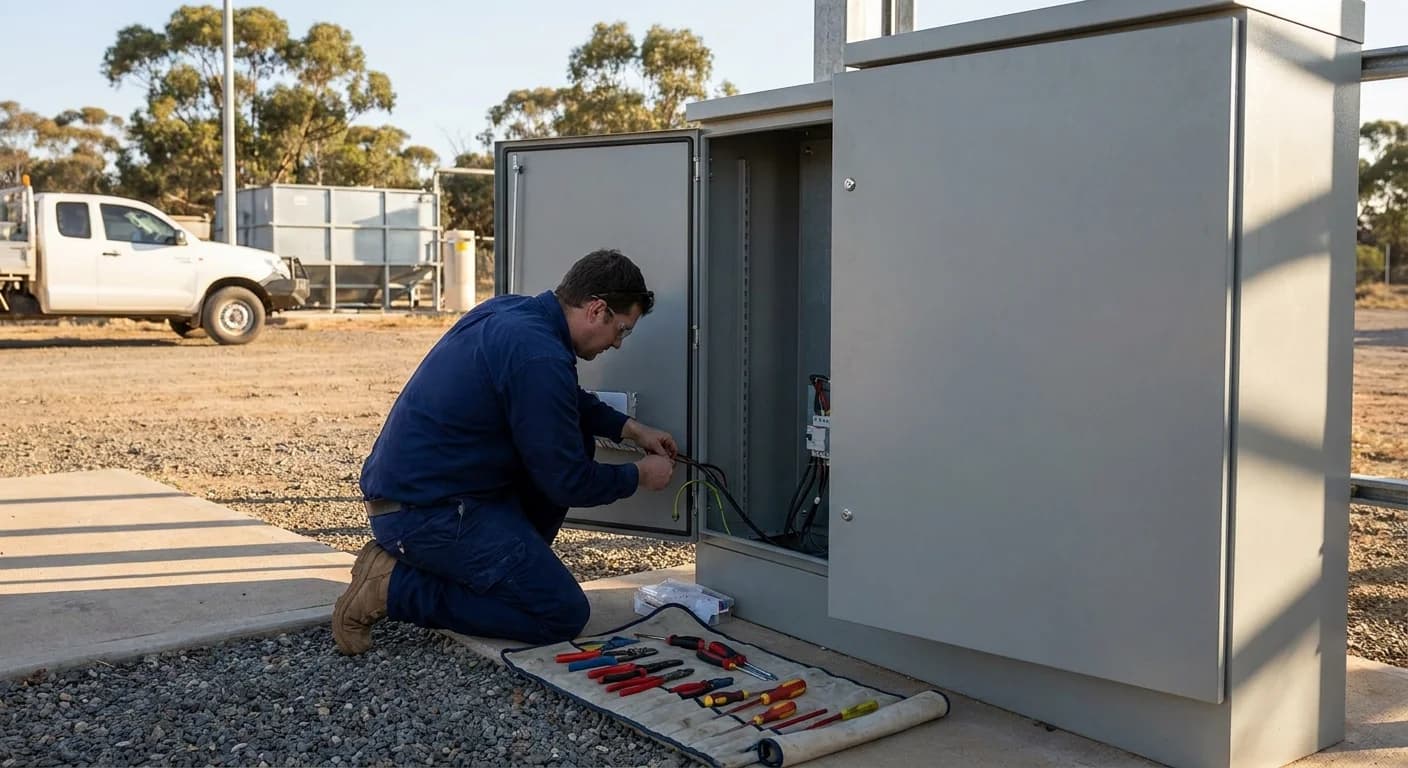 Electrical worker terminating cable inside a commercial EV charger enclosure