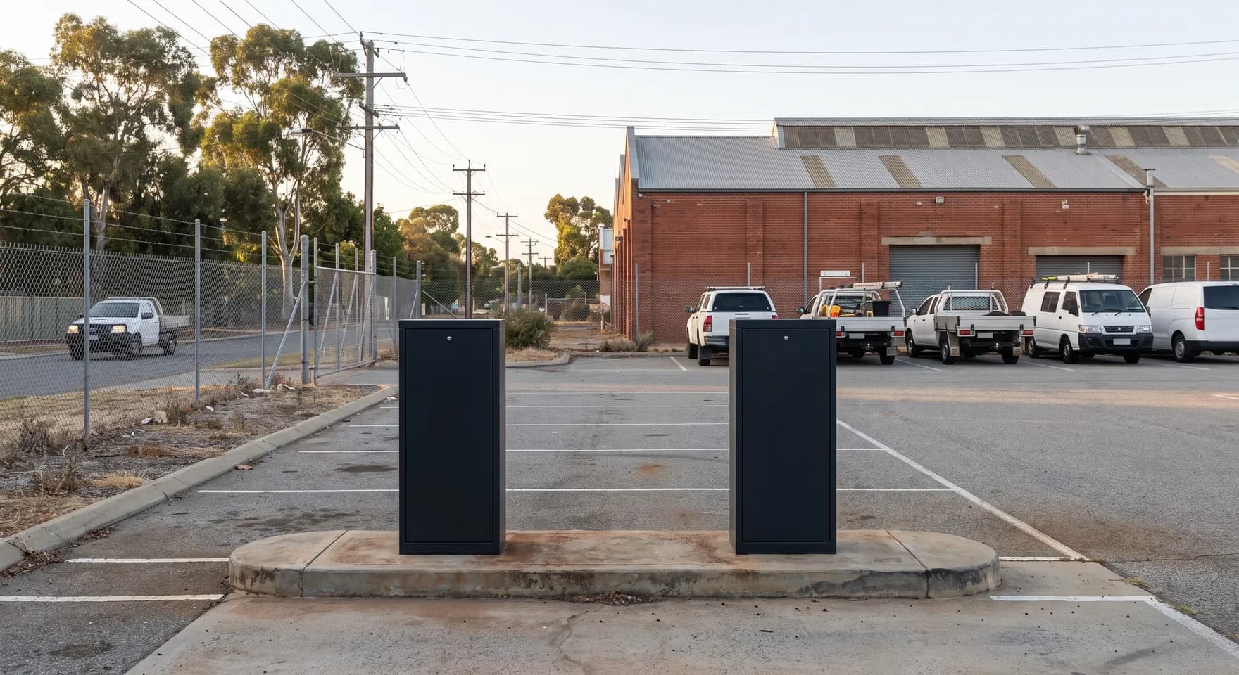 Charging bollards on a concrete plinth in a fenced Bassendean depot yard, with a brick factory building and light trucks behind