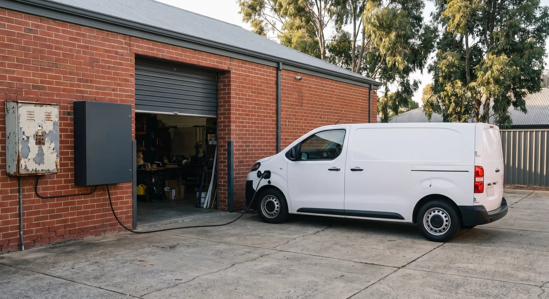A wall mounted charger beside a roller door on a small Bayswater trade workshop, with a plain white van parked on the apron