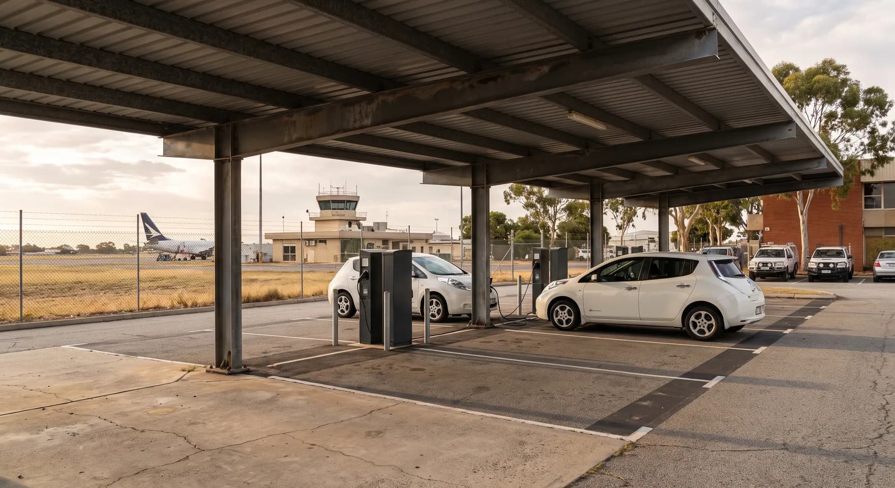 Charging bays under a canopy at a Belmont airport hotel carpark, with a low airport control tower and aircraft tail visible beyond the fence
