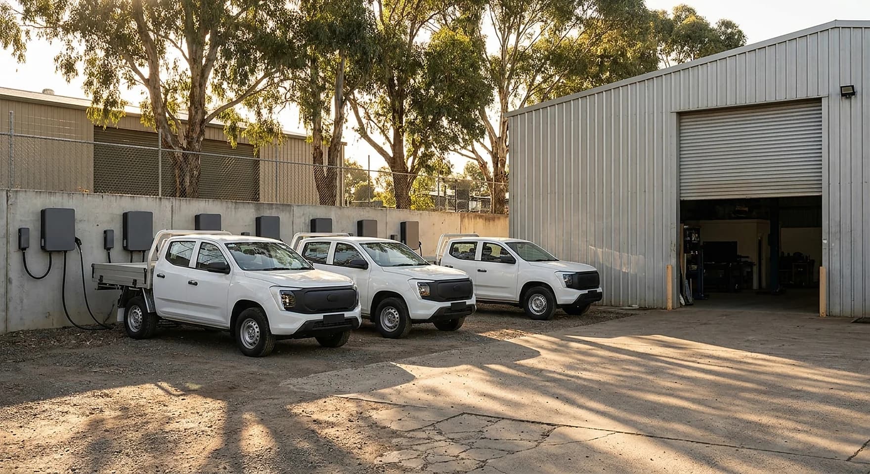 Four electric utes parked against wall mounted chargers outside a Bibra Lake light industrial workshop