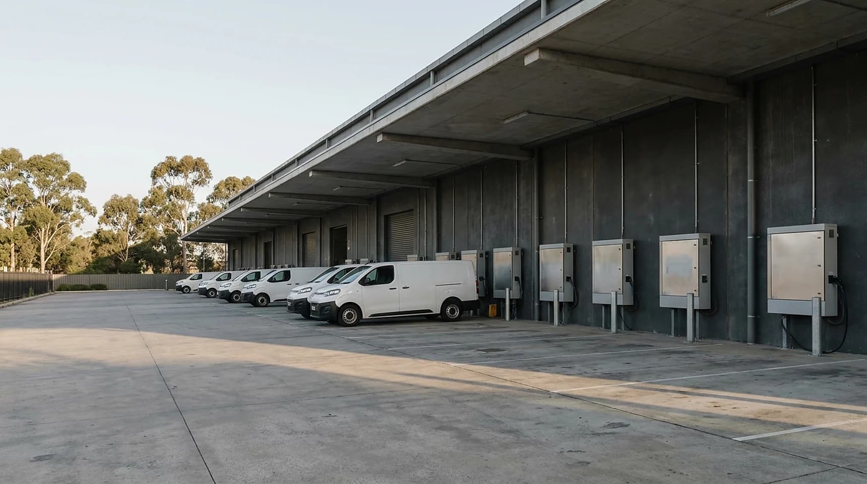 Electric delivery vans backed in to a Canning Vale distribution centre loading dock with chargers mounted between the doors