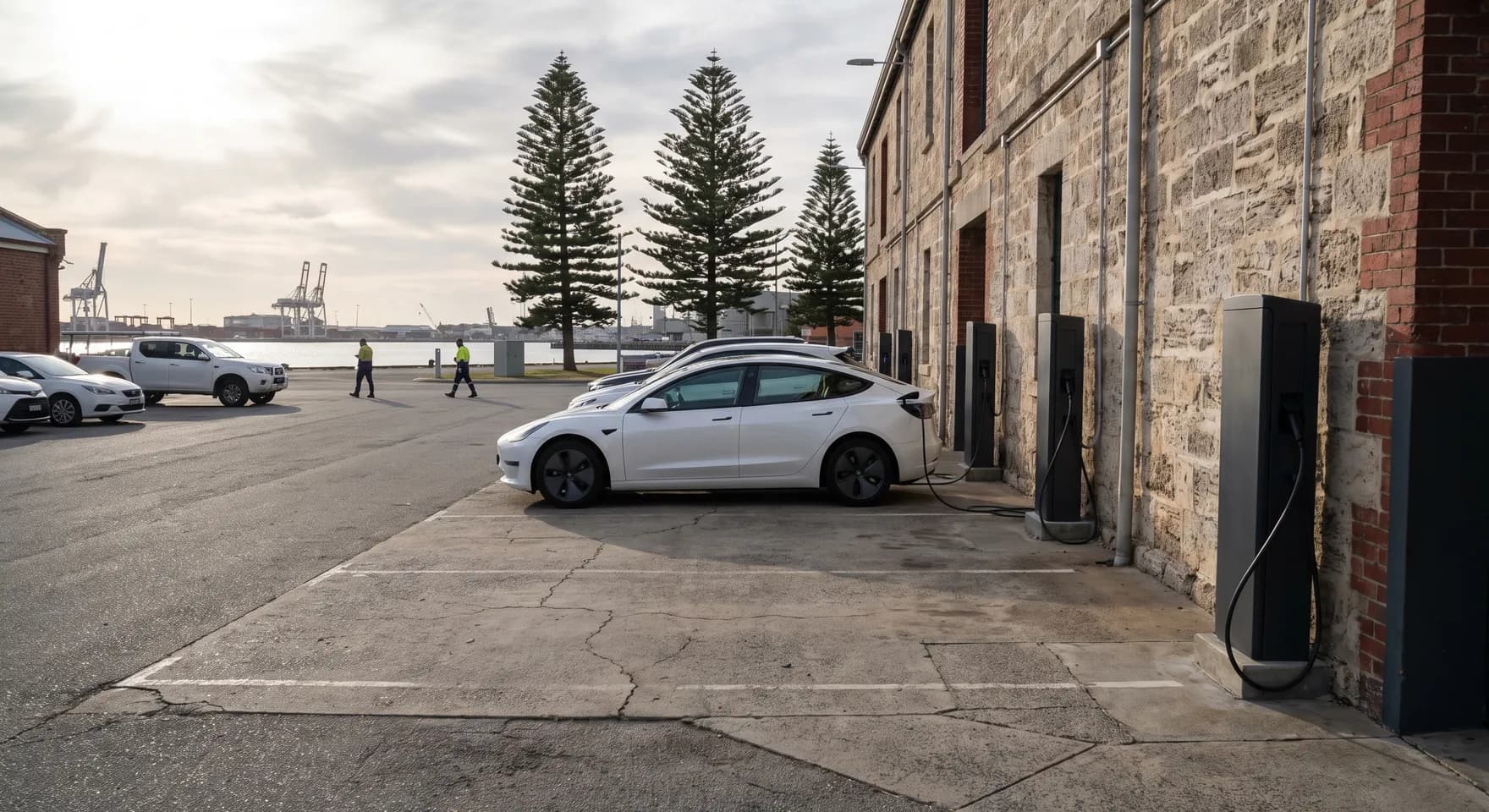 Chargers in marked bays beside a limestone heritage building in Fremantle, with the harbour and port cranes in the distance