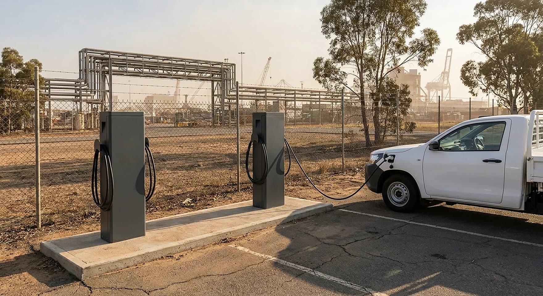 Two charging bollards on a concrete plinth inside a fenced Kwinana industrial compound with pipe racks and port cranes behind