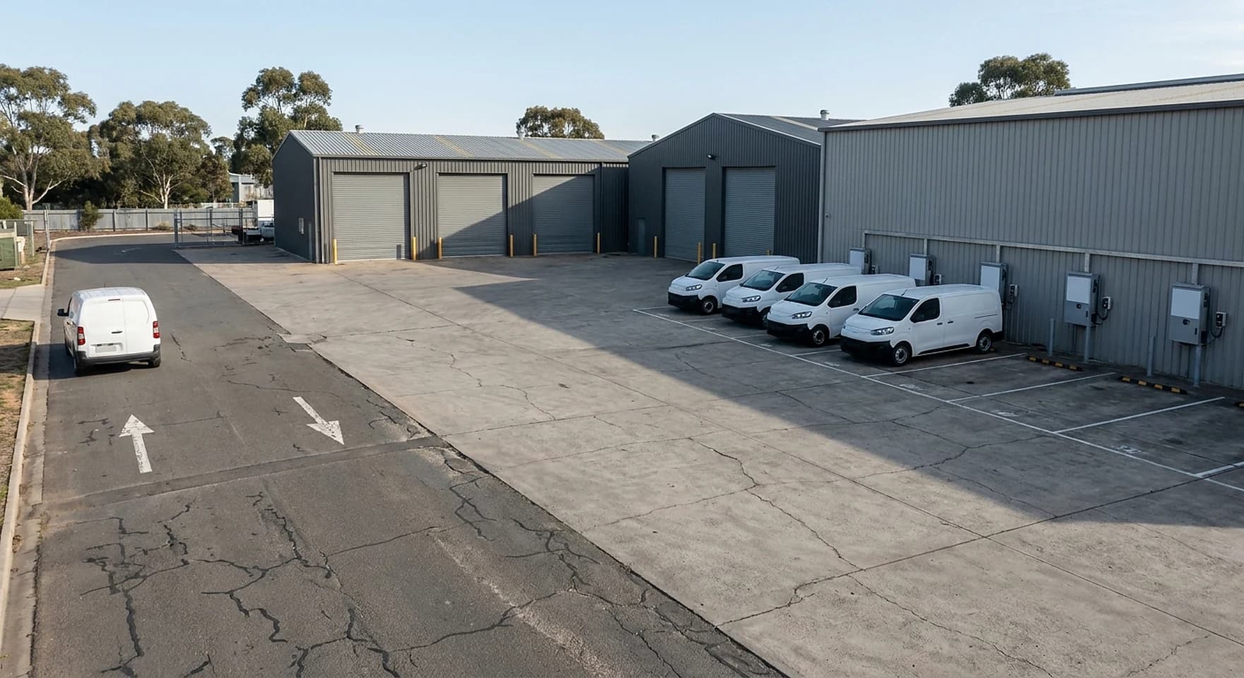 Electric vans nose in to wall mounted chargers along a warehouse in a Malaga light industrial estate