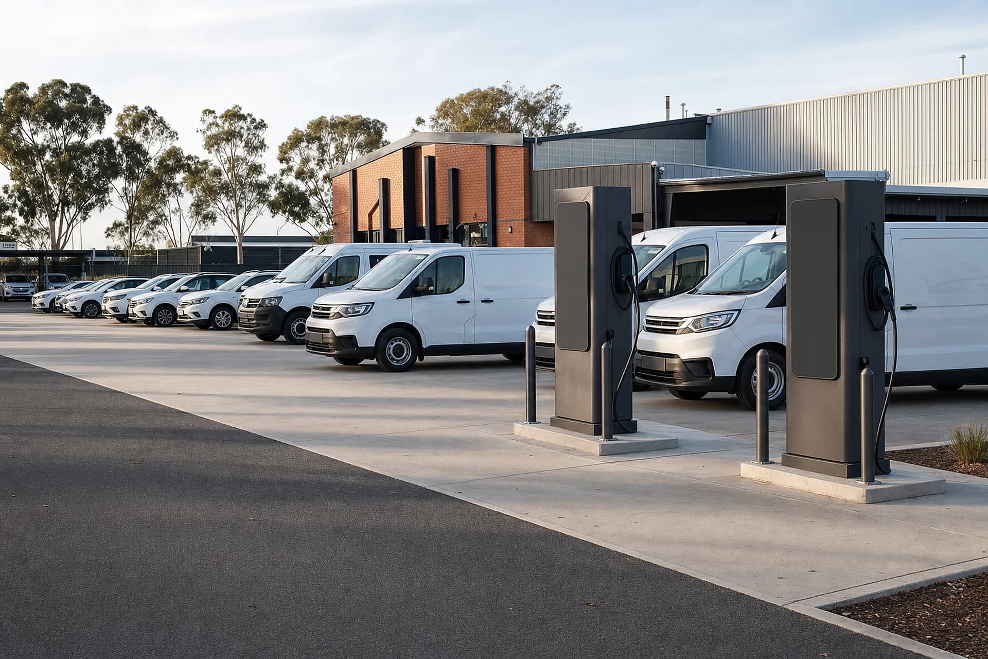 Two charcoal pedestal EV chargers on a concrete plinth beside a row of plain white vans at a Midland dealership yard, red brick building and eucalypts behind