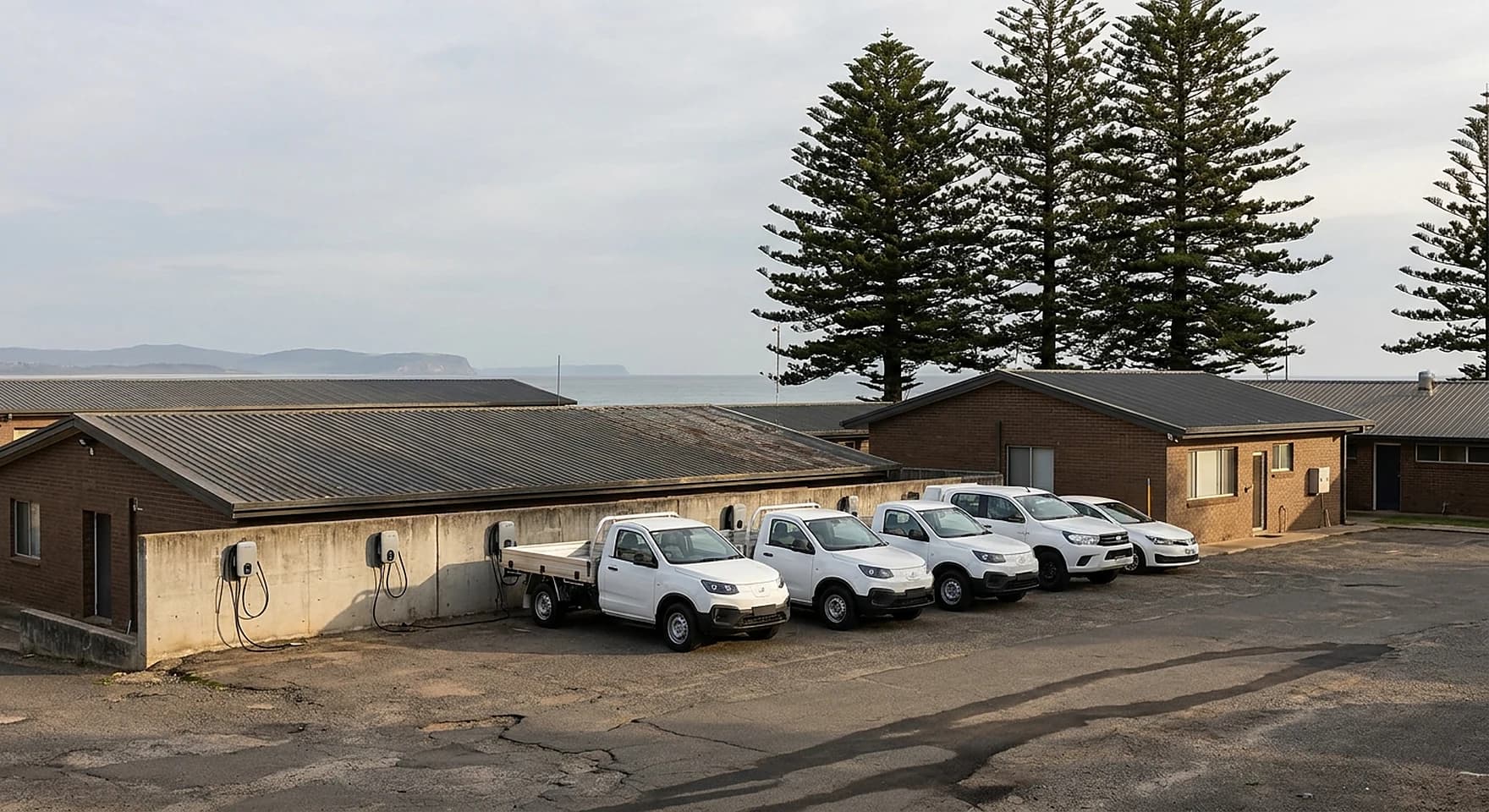 Electric utes and a small truck on charge against wall mounted chargers at a coastal Rockingham council works depot