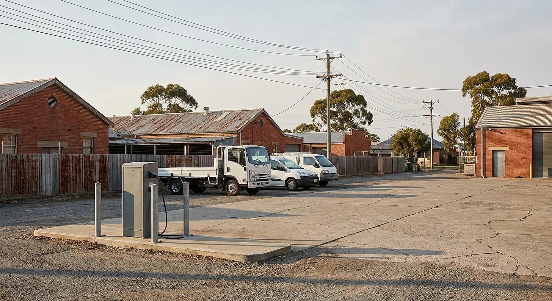 A charging bollard on a concrete island beside an electric truck and vans in an older Welshpool industrial yard