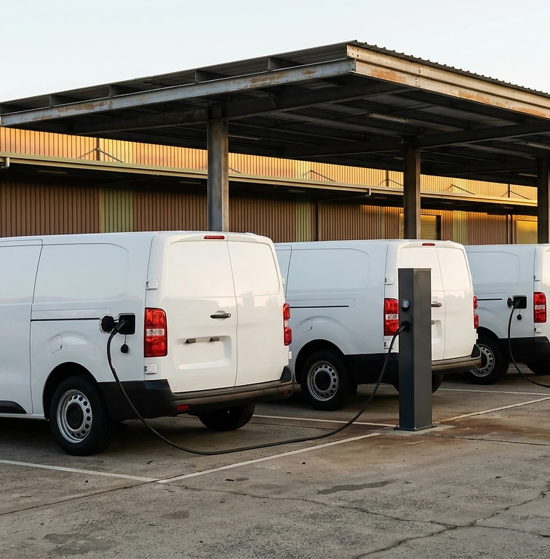 A fleet of electric vans charging from individual chargers at a Perth depot
