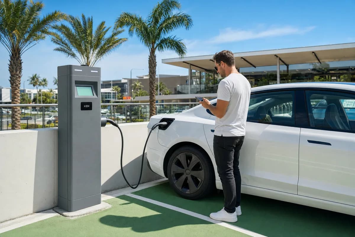 A driver starting a charge on their phone at a dual-port charging tower in a Perth shopping centre carpark