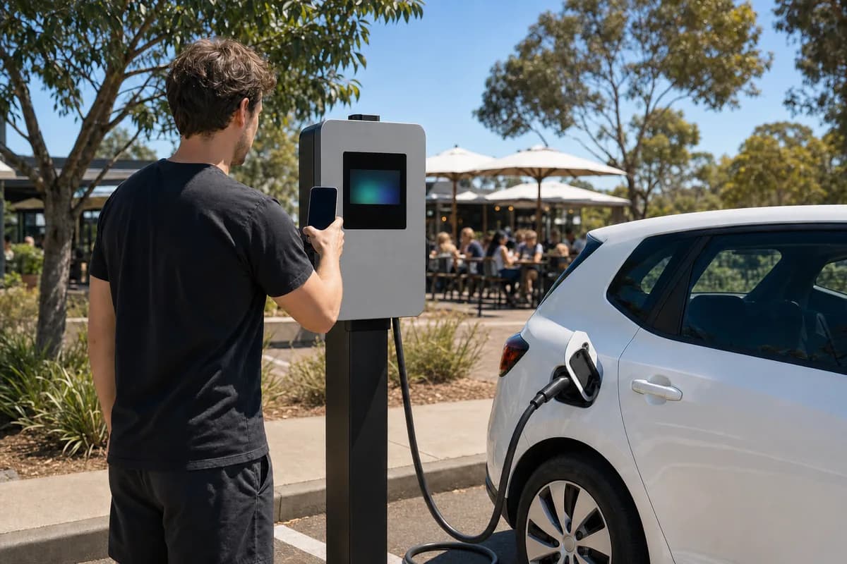 A visitor holding their phone up to scan a commercial EV charger on a steel pedestal outside a Perth cafe