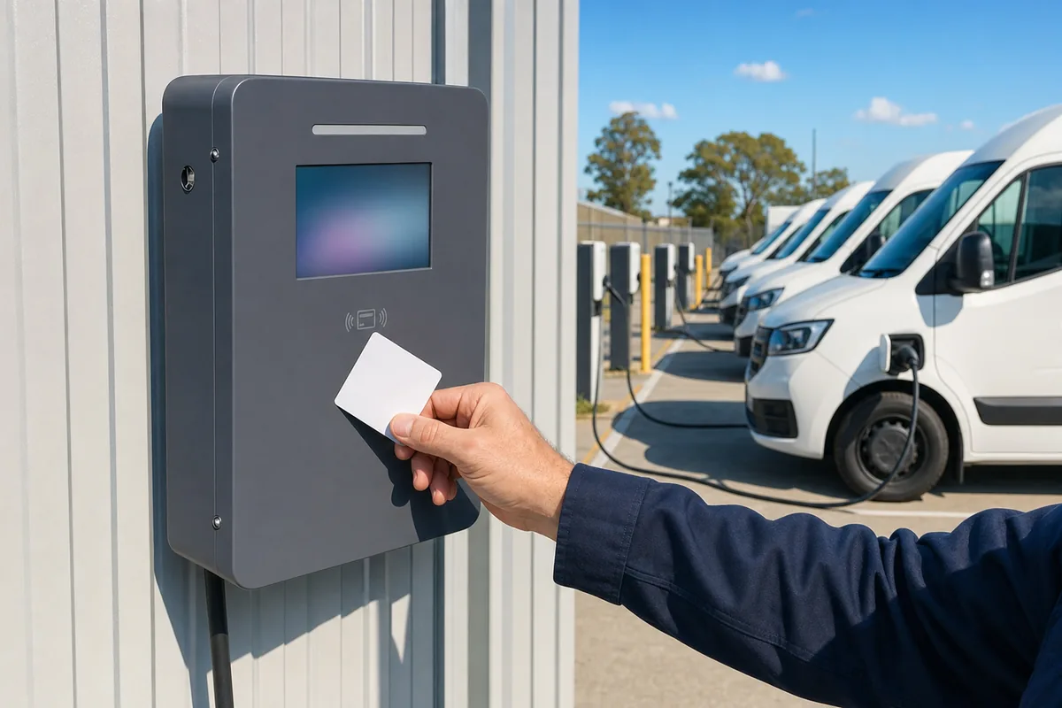 An RFID card tapped on a wall-mounted commercial EV charger at a fleet depot, with vans charging behind