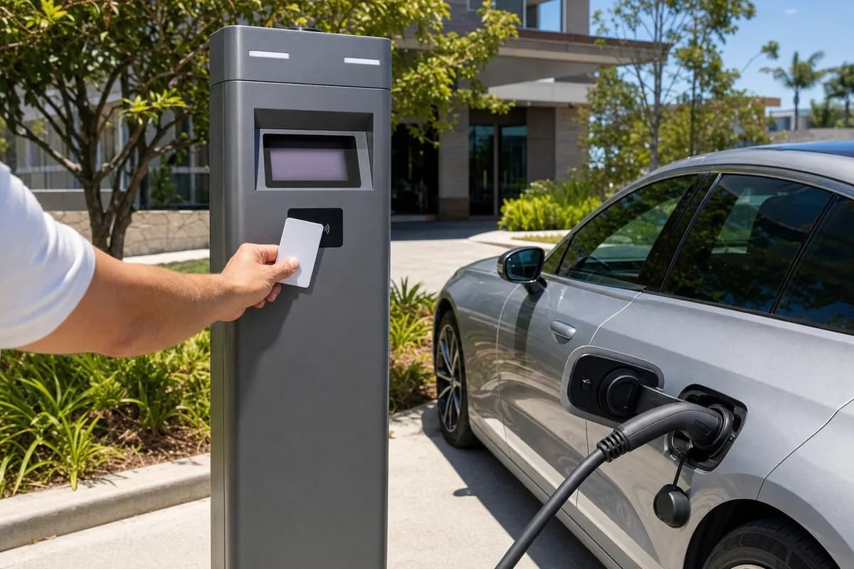 A bank card tapped on the card reader of a commercial charging tower in a Perth hotel carpark, with a car plugged in beside it
