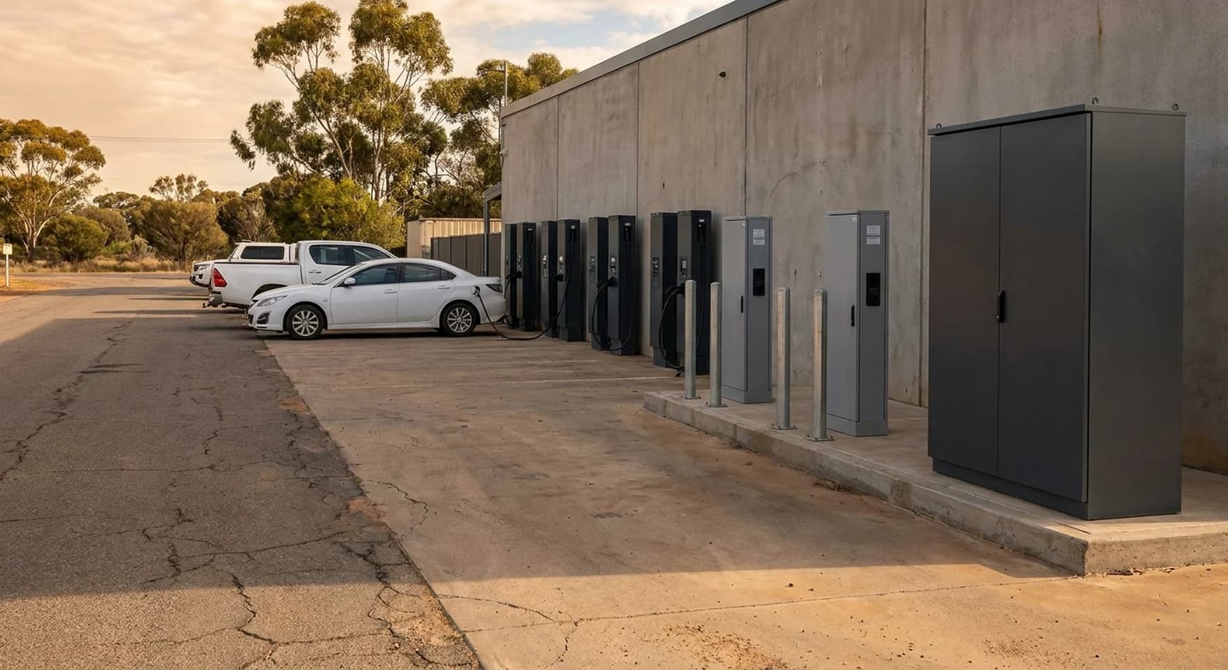 Wall mounted chargers, freestanding pedestals and a larger charging cabinet along one commercial forecourt