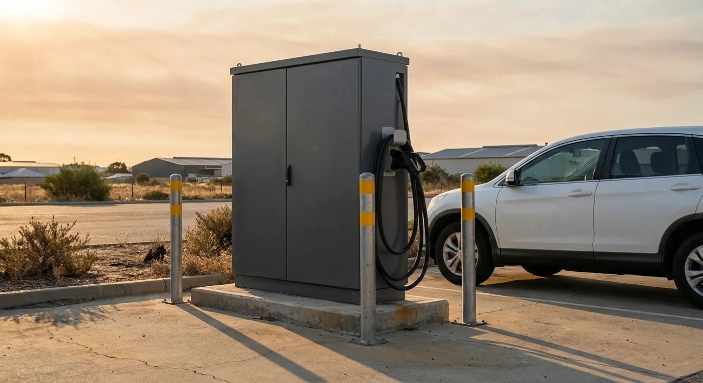 A DC fast charging cabinet on a concrete plinth with its cable holstered, protected by bollards