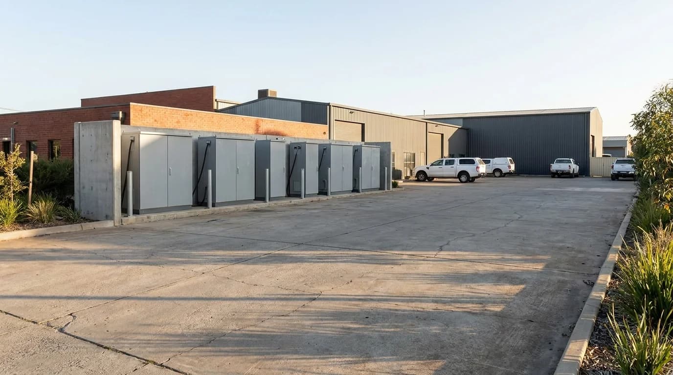 A DC fast charging cabinet at the edge of a commercial forecourt in Perth