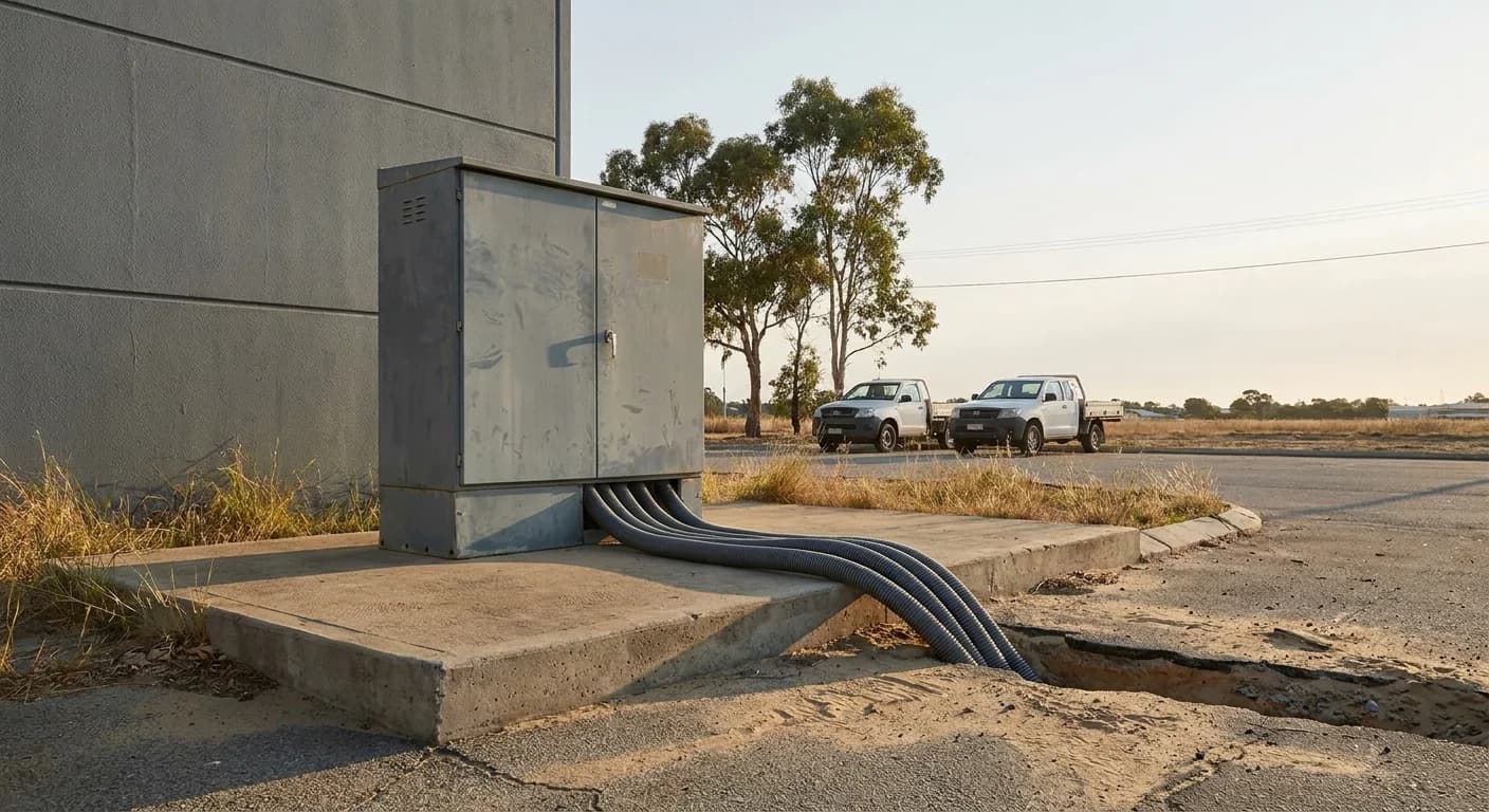 A grey electrical kiosk and switchboard enclosure on a concrete pad beside a commercial building