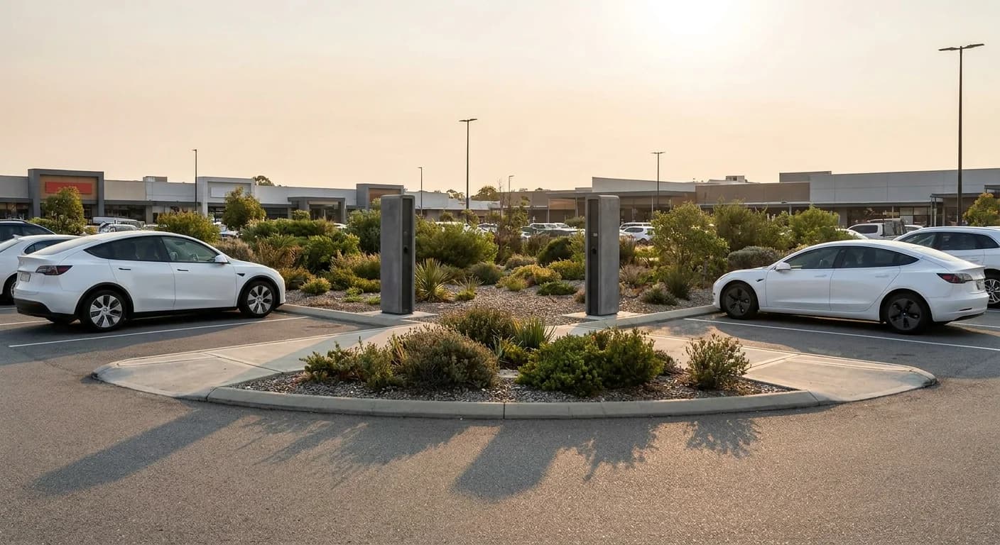 Two slim charging pedestals on a landscaped island between bays in a retail carpark