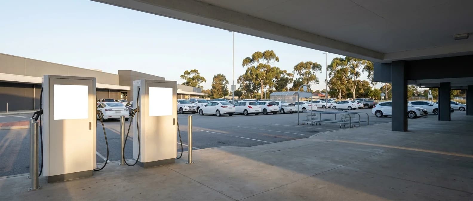 A Perth shopping centre carpark with a pair of charging bays in the foreground