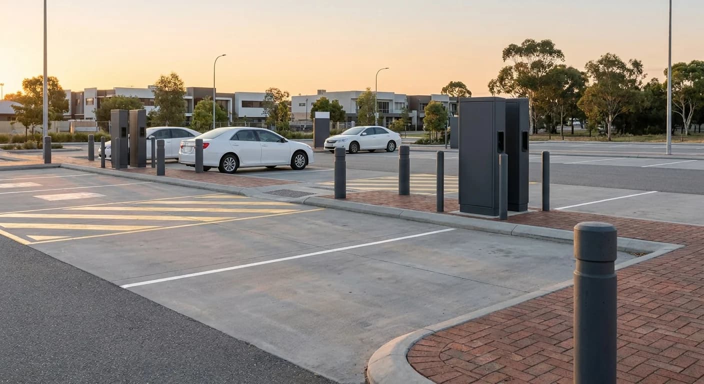 Protective bollards and fresh line marking around new charging bays in a public carpark