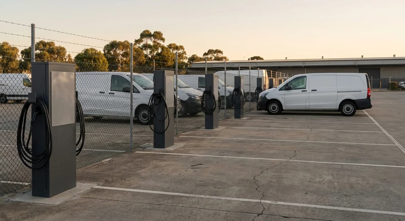 Electric delivery vans nose in to charging bollards along a depot yard fence line