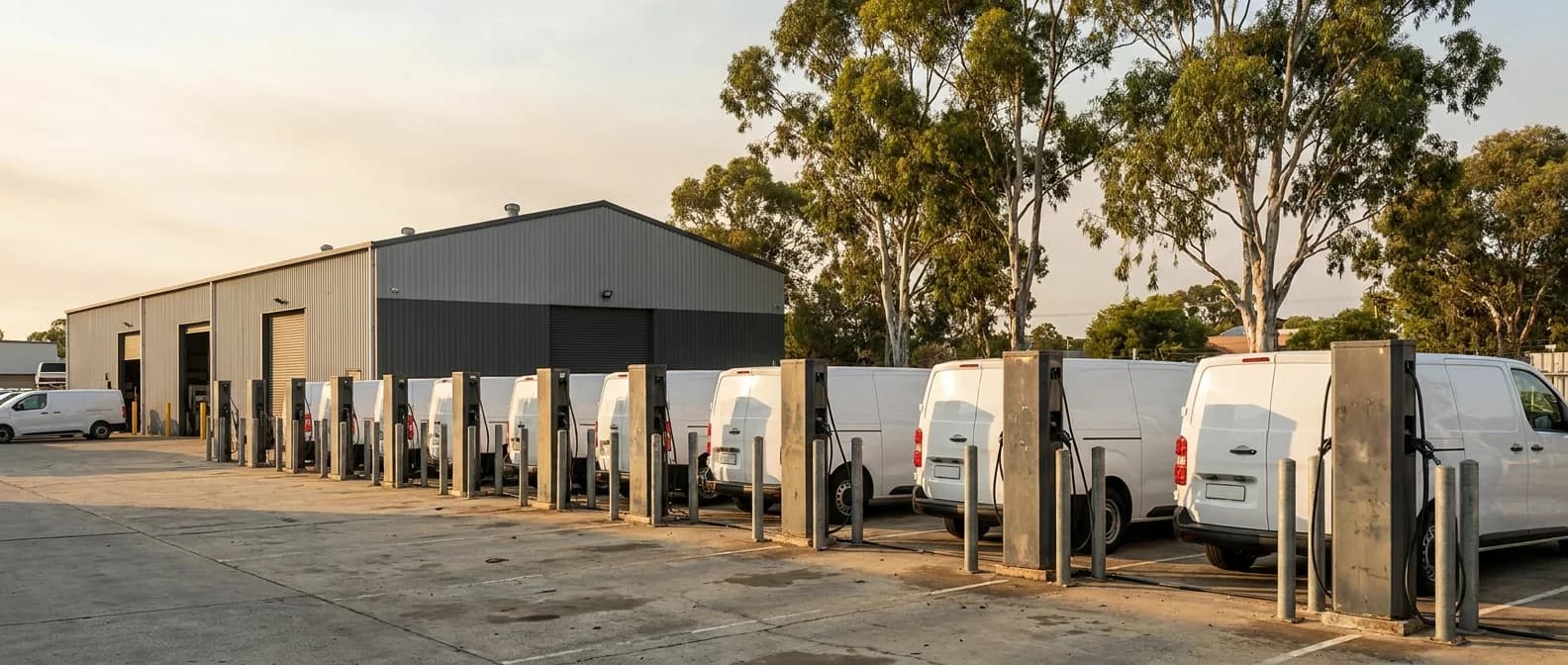 A wide view of a Perth commercial fleet yard with vans parked against charging bollards