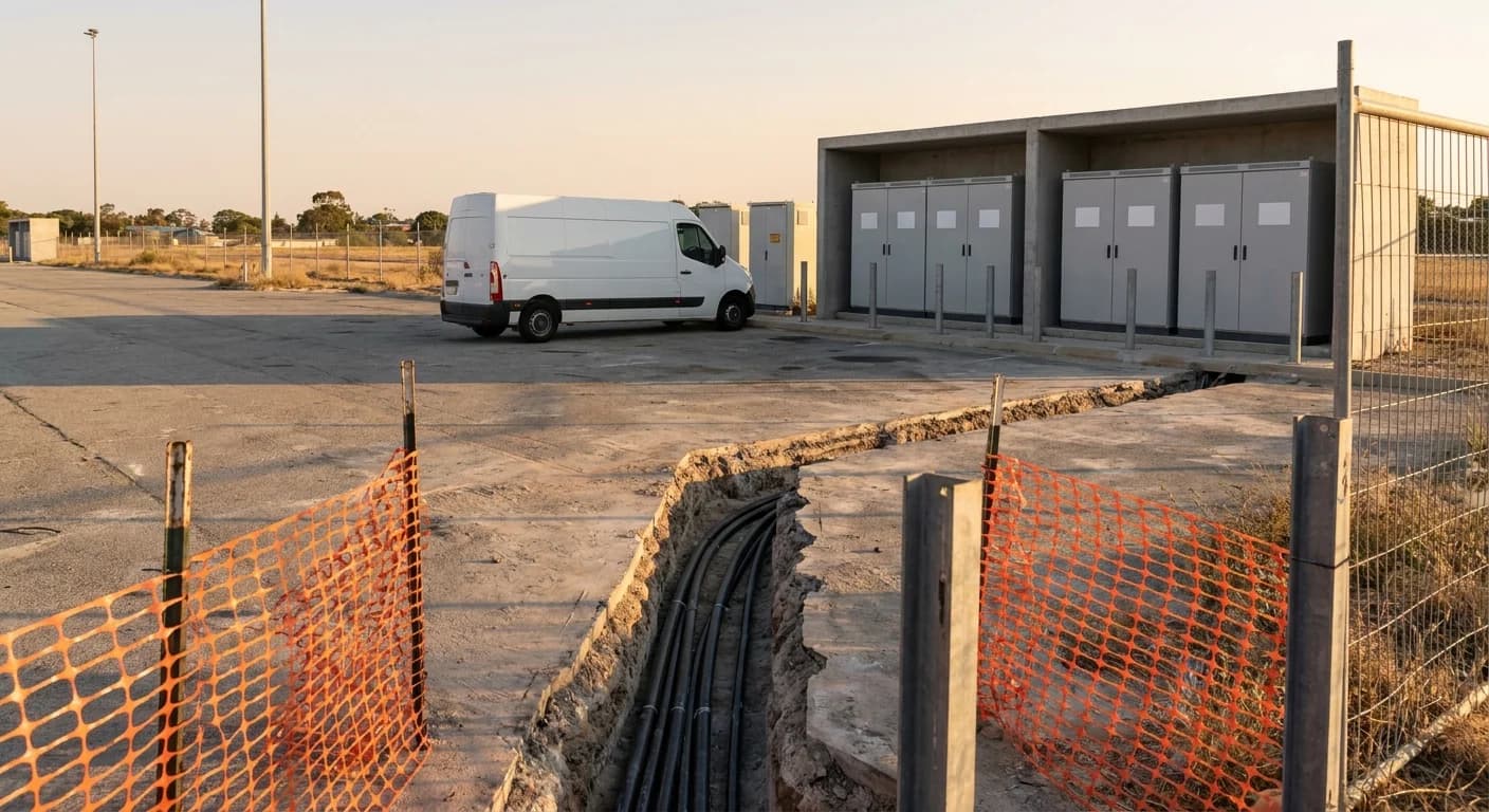 An open cable trench with conduit laid across a depot hardstand, barrier mesh either side