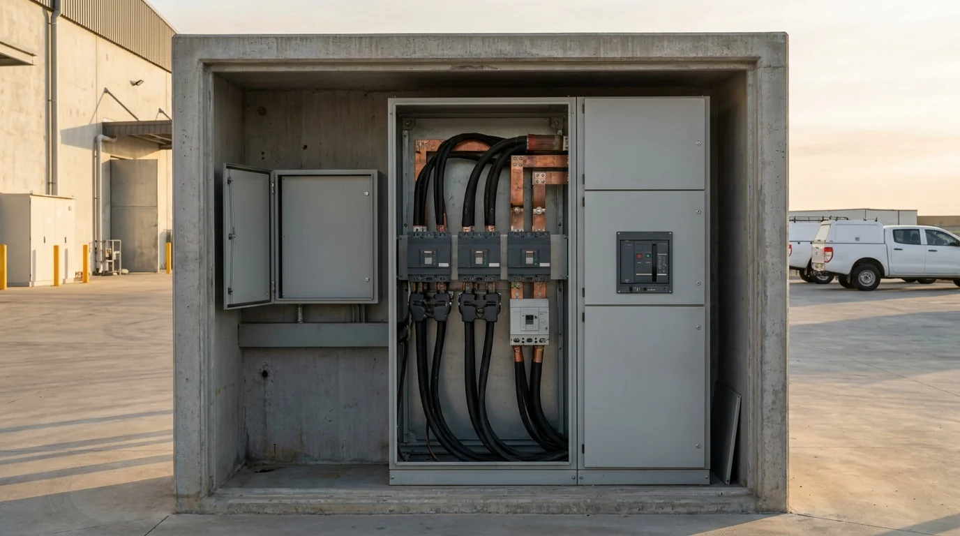 Current transformer clamps on the incoming cables of an open commercial switchboard beside a control enclosure