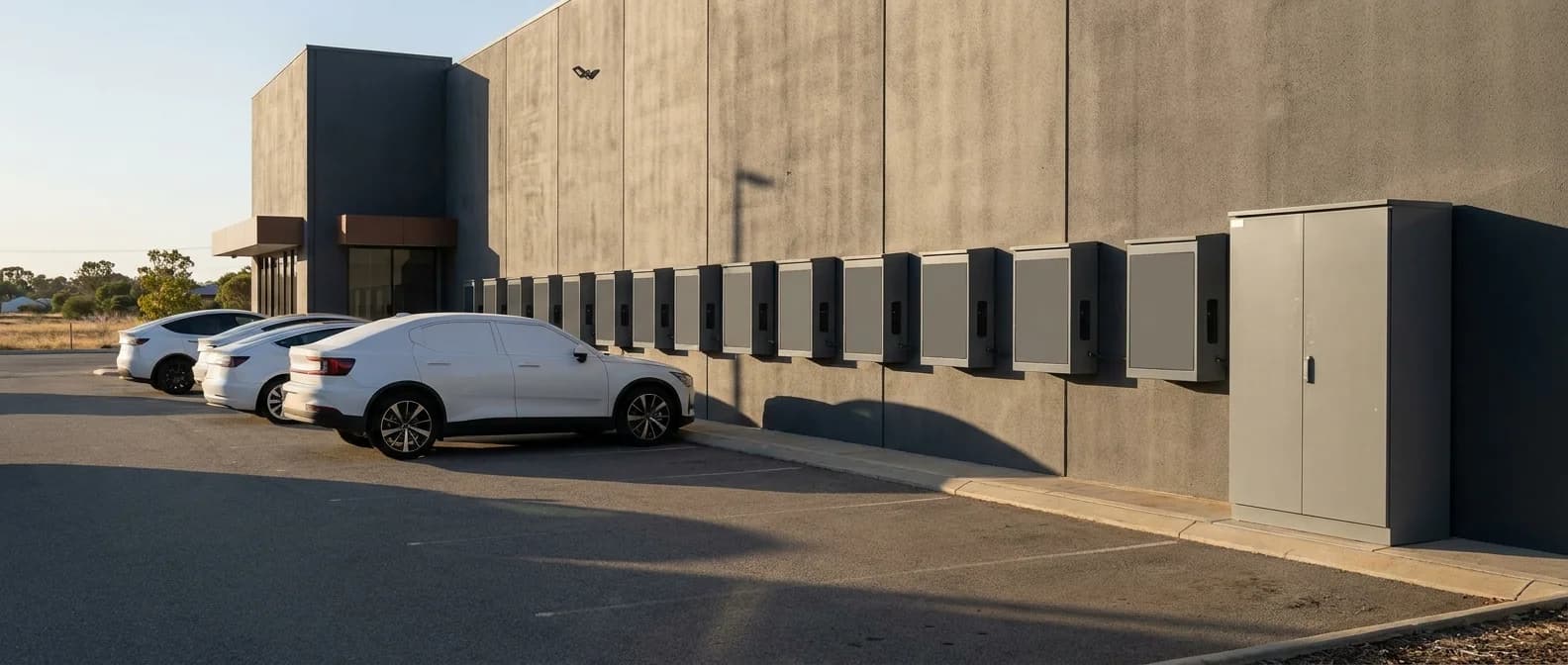A row of wall mounted chargers along a commercial building wall with a control cabinet at the end