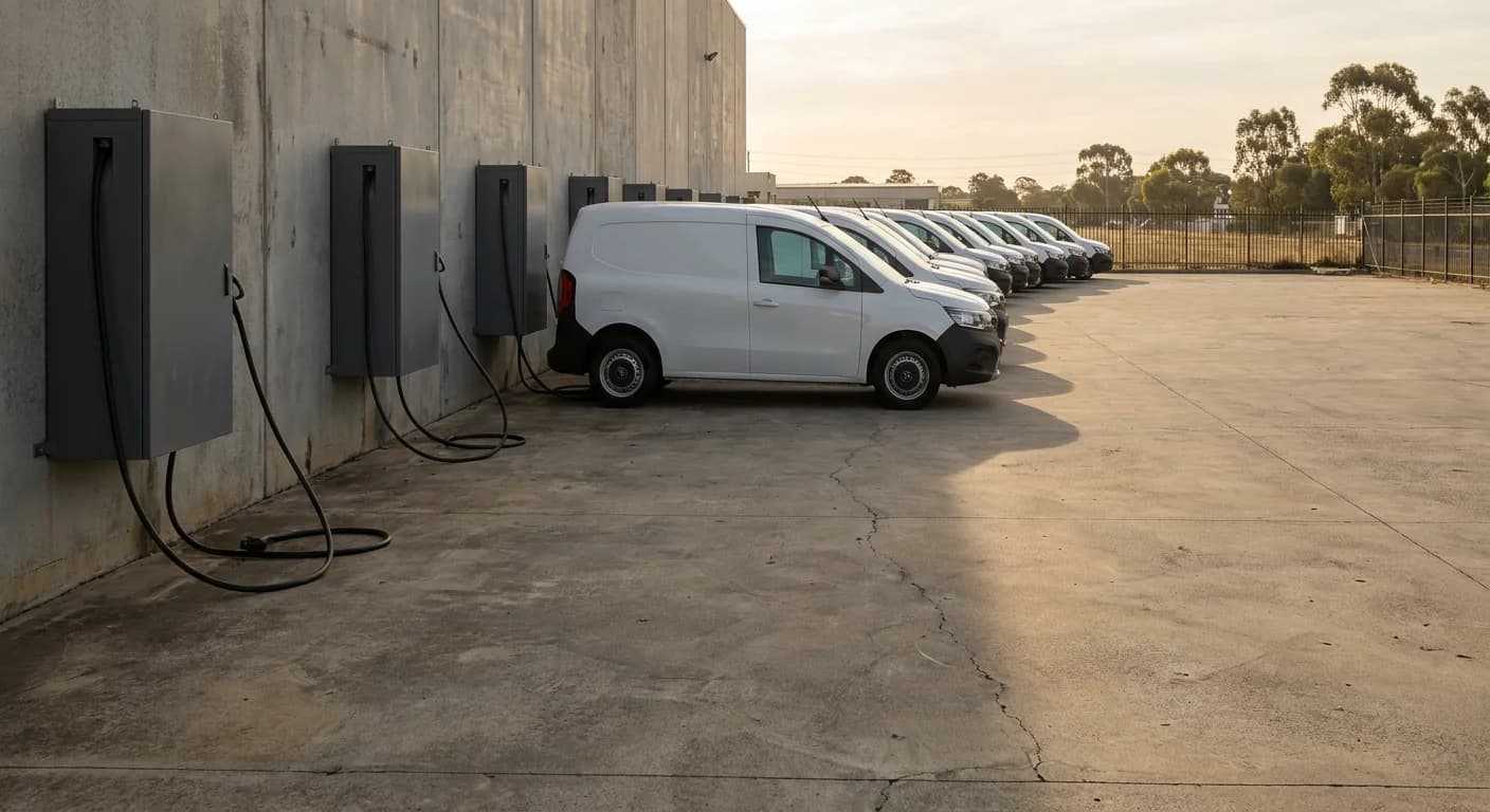 Several electric vans charging at once along a depot wall in the late afternoon