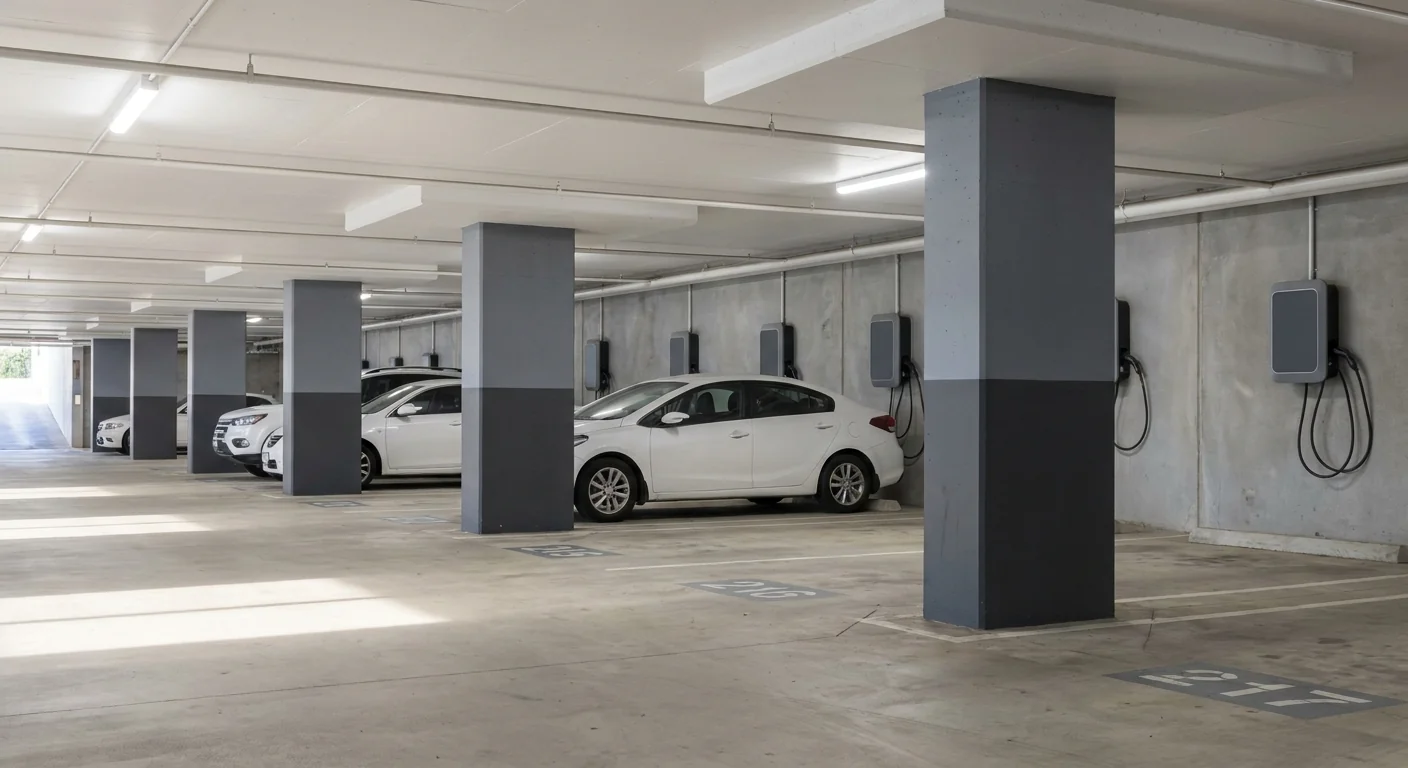 Wall mounted chargers above numbered residential bays in an apartment building basement carpark