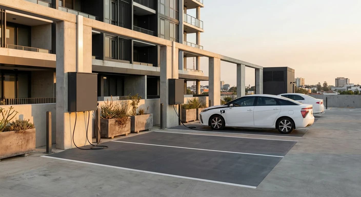 Two marked charging bays in the entry level carpark of a contemporary Perth apartment building
