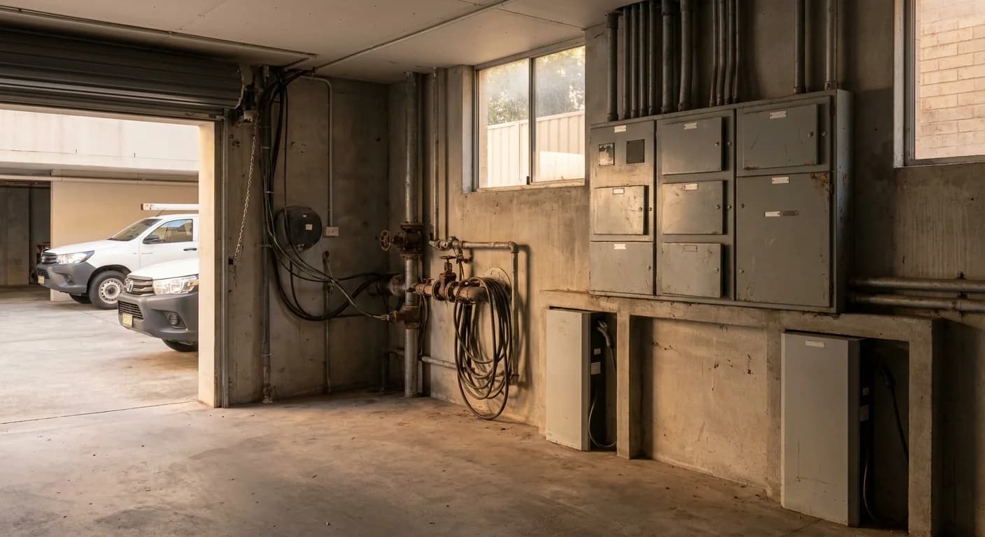 An older switchboard, conduit and pipework in an apartment building basement services area