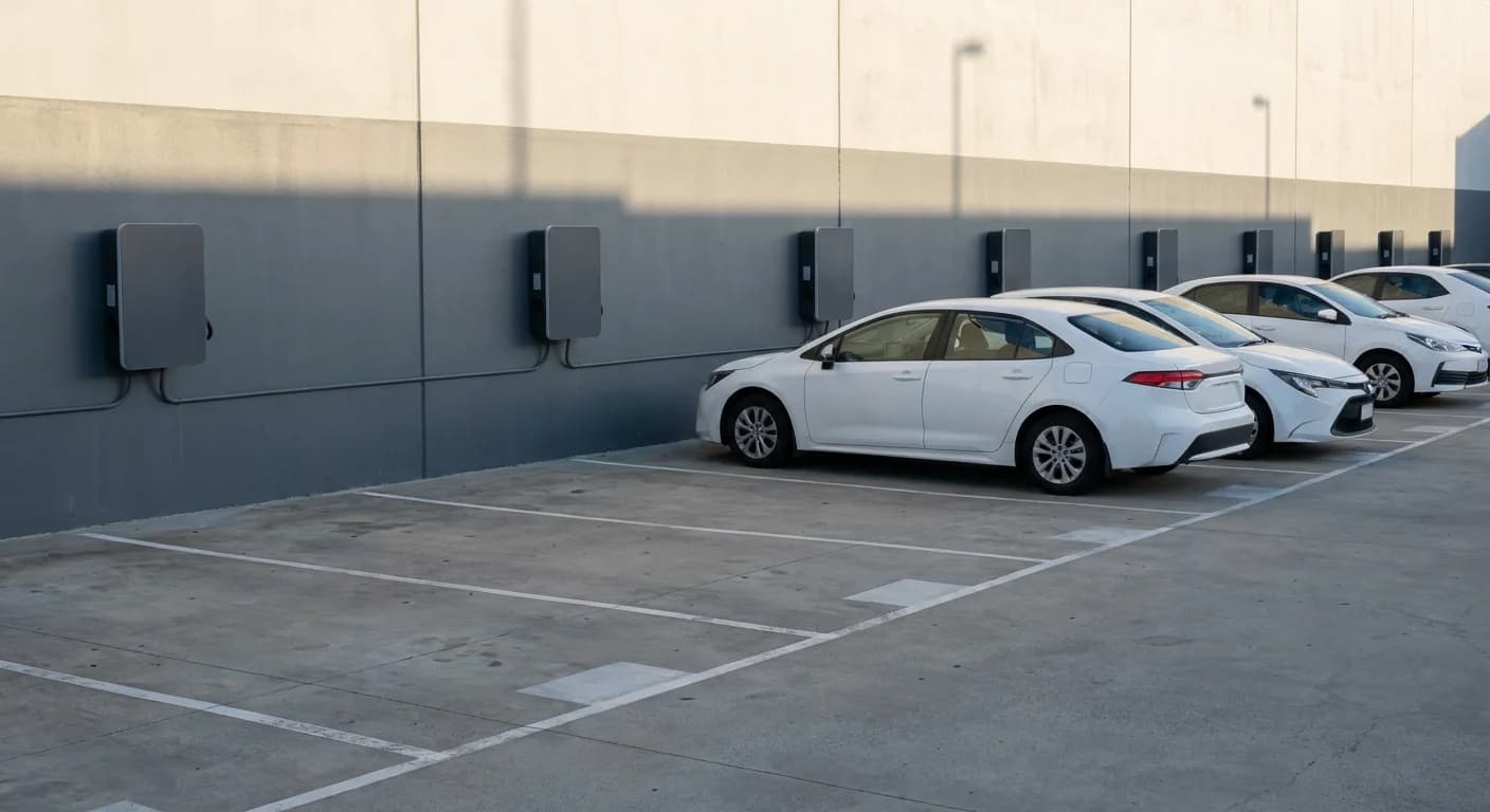 A row of wall mounted AC charging units along the wall of an office staff carpark
