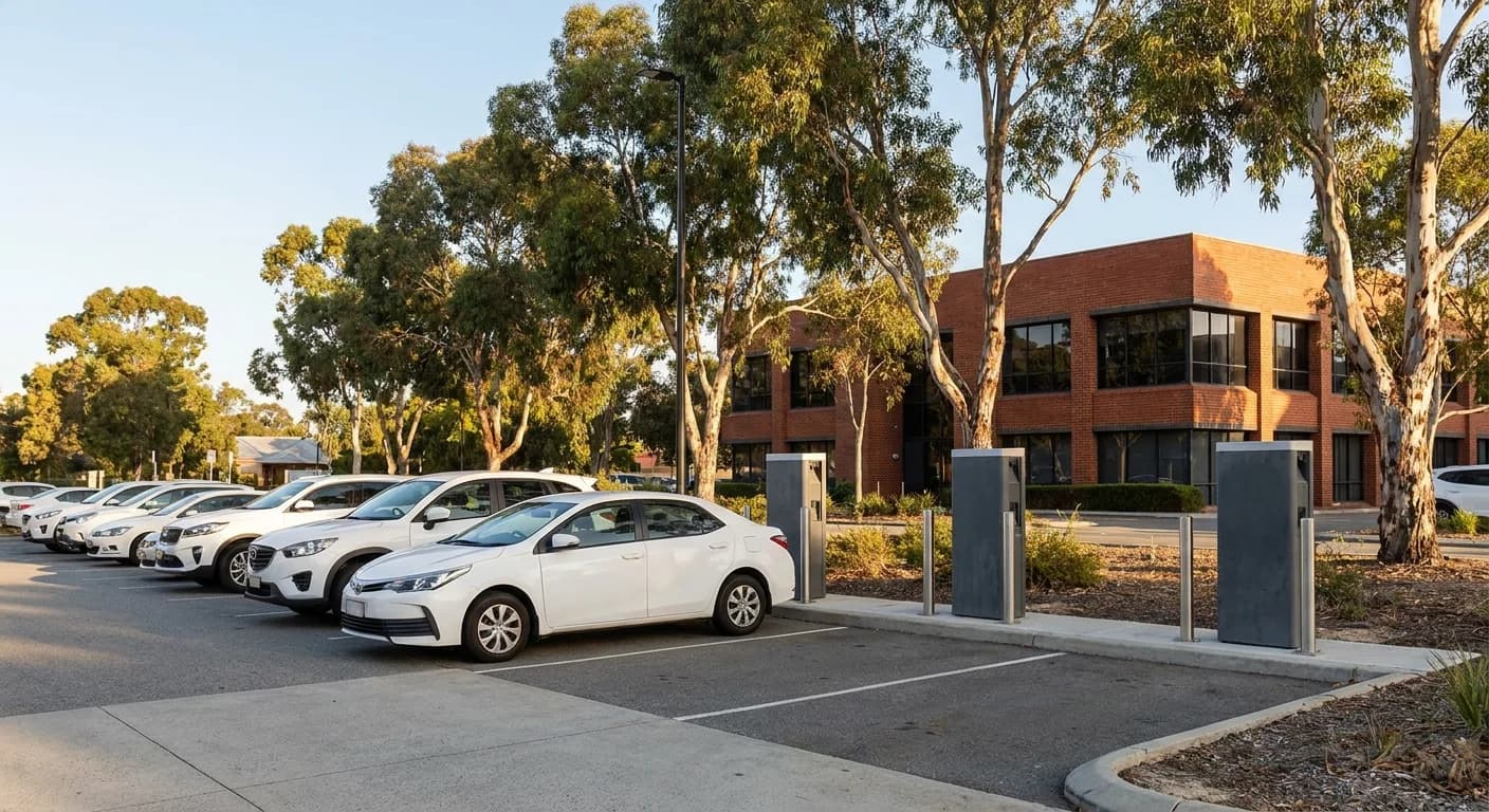 Charging bays at the end of a parking row in a suburban Perth office park carpark