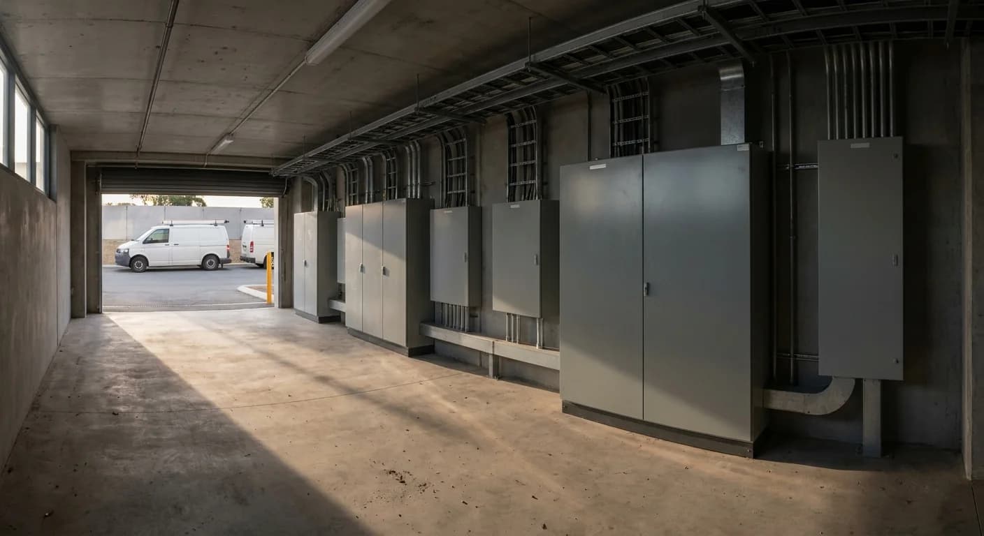 Grey electrical distribution boards and cable tray in the basement services room of an office building